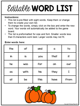 Editable Sight Word Game Board - Halloween Bears by Polliwog Place