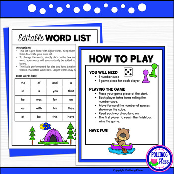 editable sight word game board summer camping by polliwog place