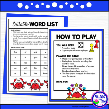 Editable Sight Word Game Board - Summer Crabs by Polliwog Place | TpT