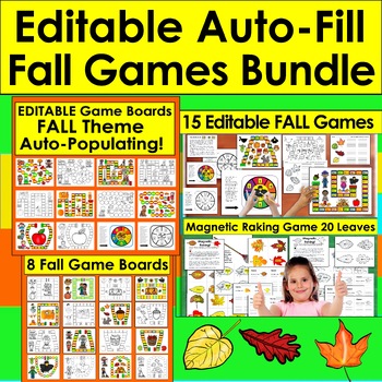 Preview of Editable Fall Sight Word Games OR Letters or Math Activities Autumn BUNDLE