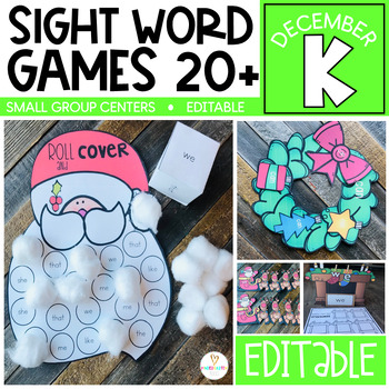 Preview of Sight Word Games, Activities Editable Kindergarten December Christmas