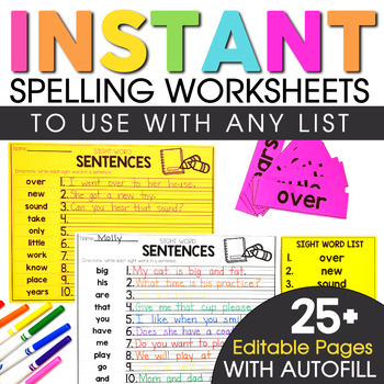Preview of Sight Word Practice Worksheets - Editable Sight Word Worksheets - Autofill