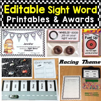 Preview of Editable Sight Words Activities, Printables, Awards, Treat Tags Racing Theme