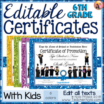 Preview of Editable Sixth Grade Certificates with Kids - Glitter Borders
