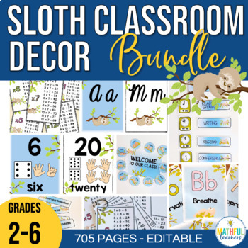 Preview of Classroom Decor for Teachers Sloth - Editable Labels, Posters, & Display Charts