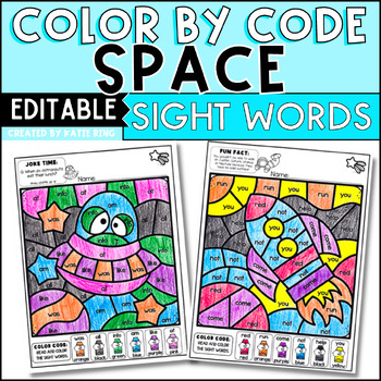 Preview of Editable Space Color by Code Sight Word Practice Morning Work Worksheets
