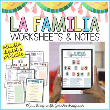 Preview of Editable Spanish Family Worksheets and Note Sheet Digital Printable