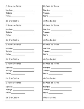 Preview of Editable Spanish Homework Pass (El Pase de Tarea)