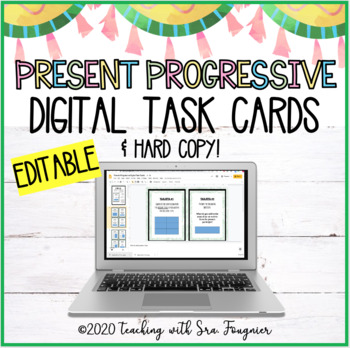 Preview of Editable Spanish Present Progressive Task Cards Digital Printable