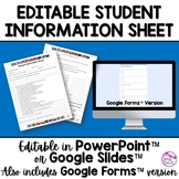 Editable Spanish Student Information Sheet Back to School 