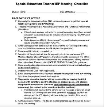 Preview of Editable Special Education Teacher IEP Meeting Checklist