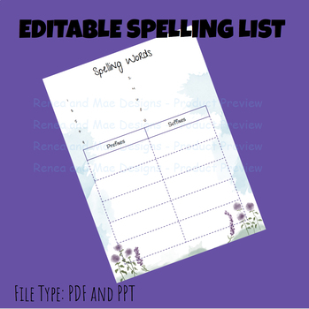 Preview of Editable Spelling List - Purple Flower Watercolor Theme