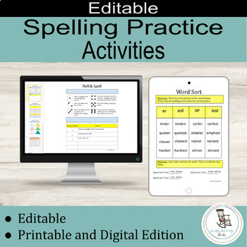 Preview of Editable Spelling Practice Worksheets, Word Study Activities, Spelling Templates