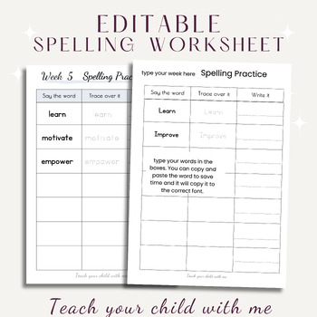 Preview of Editable Spelling Template, Weekly Spelling worksheet, Customize Class Homework