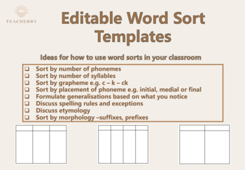 Editable Spelling Word Sort Templates by Teacherrry TPT