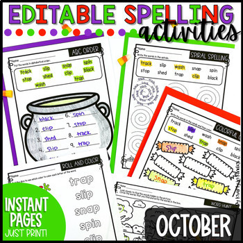 Preview of Editable Spelling Worksheets October Spelling Activities and Practice
