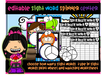 Preview of Editable Spinners Sight Word Work.  Spin it. Read it. Write it.