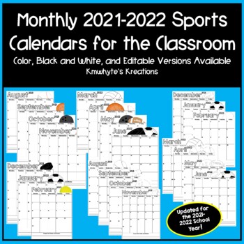 Editable Sports Monthly Calendars by Kmwhyte s Kreations TpT
