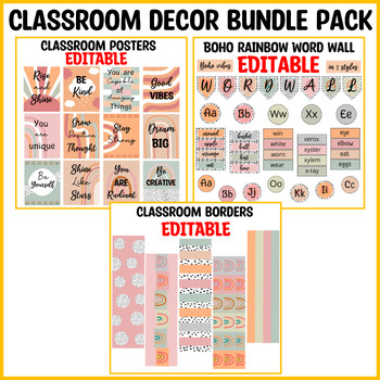 Preview of Editable Spotty Boho Rainbow Classroom Decor Bundle Pack, Back To School