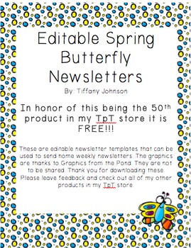 Preview of Classroom Newsletter in Spring Butterfly Freebie