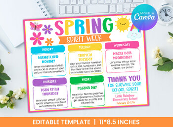 Preview of Editable Spring Spirit Week Flyer - Weekly Planner - School Announcements