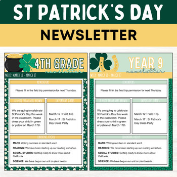 Preview of Editable St Patrick's Day Classroom Newsletter Template Holiday Themed