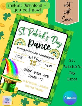 Preview of Editable St.Patrick's Day Dance Flyer, School PTO PTA, Social Media Template