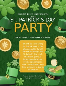 Preview of Editable St. Patrick's Day Party Flyer For Parents