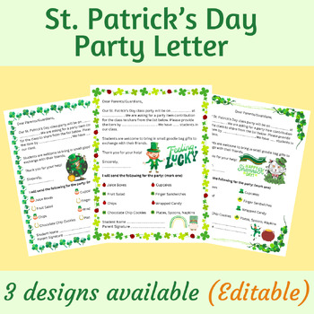 Preview of Editable St. Patrick's Day Party Letter to Parents (3 Designs) - PowerPoint File