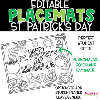 Preview of Editable St Patricks Day Placemat | St Patricks Day Coloring Placemat
