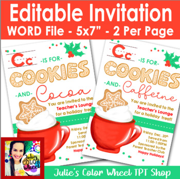 Preview of Editable Staff Holiday or Christmas Party Invitation for WORD Cookies & Caffeine