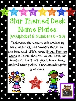 Preview of Editable Star and Polka Dot Themed Name Desk Plates w/Alphabet and Numbers 0 -20