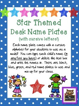 Preview of Editable Star and Polka Dot Themed Name Desk Plates w/Cursive Letters