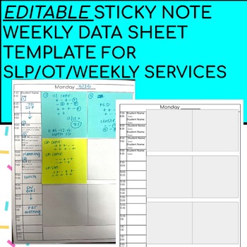 Preview of Editable Sticky Note Weekly Data Sheet Template for SLPs/OTs/Weekly Services