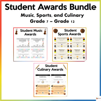 Preview of End of Year Culinary, Music, and Sports Awards Certificates Bundle