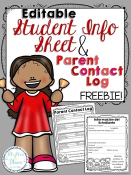 Preview of Editable Student Information Sheet & Parent Contact Log FREEBIE