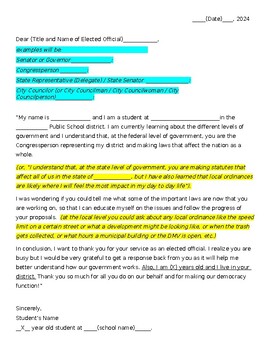 Preview of Editable 'Student Letter to an Elected Official' Template or Legislative Branch