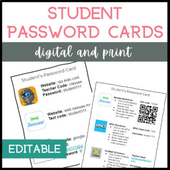 Preview of Editable Student Login Cards | Password Cards Digital and Print Versions