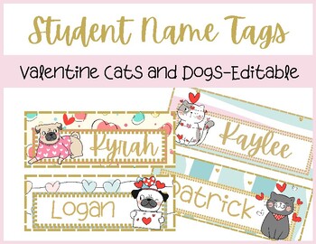 Preview of Editable Student Name Plates  Valentine Dog and Cat Name Tags