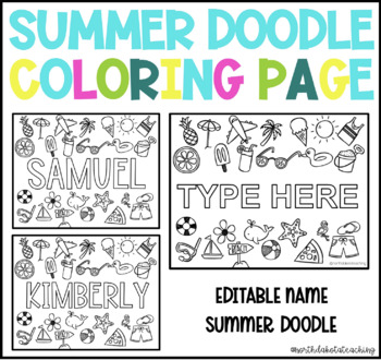 Preview of Editable Student Names Summer Doodle Coloring Page 