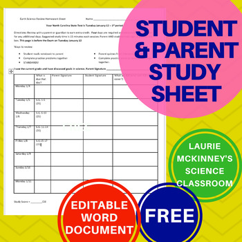 Preview of Editable Student & Parent Study Sheet