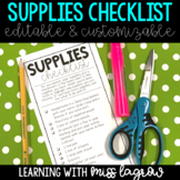 Editable Student Supplies Checklist for Back to School Nig