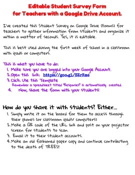 Preview of Editable Student Survey for Middle/ High School Teachers w Google Drive Account