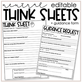 Preview of Editable Student Think Sheets + Guidance Form (Minimal/Neutral)