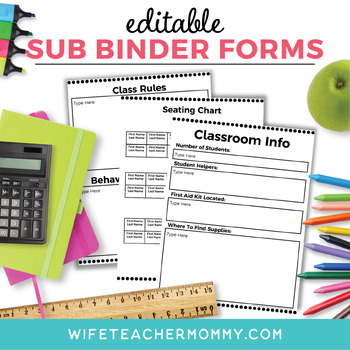 Preview of Editable Sub Binder Templates for sub tub teacher planner