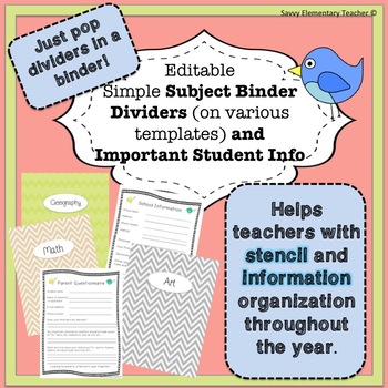 Preview of Editable Subject Binder Dividers for Stencil Binder and Important Student Info