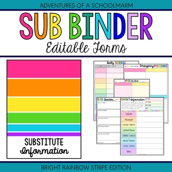 Preview of Editable Substitute Resource Binder Bright Rainbow Stripes (Includes Blackline)
