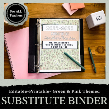 Preview of Substitute Teacher Binder: Pink and Green Theme - Editable