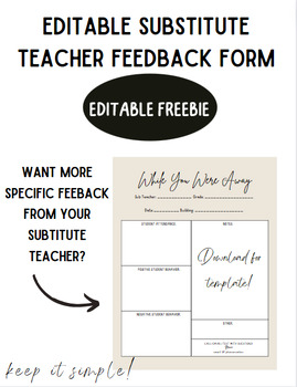 Preview of Editable Substitute Teacher Feedback Form