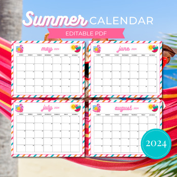 Preview of Editable Summer Calendar, Printable Monthly Calendar, June, July, August 2024